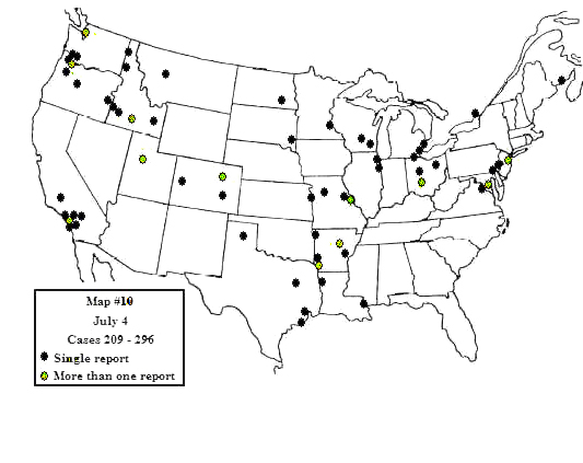 Map/insets map of distribution of 678 sighting reports from July 3-July 30, 1947