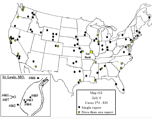 Map/insets map of distribution of 678 sighting reports from July 3-July 30, 1947