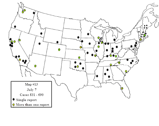 Map/insets map of distribution of 678 sighting reports from July 3-July 30, 1947