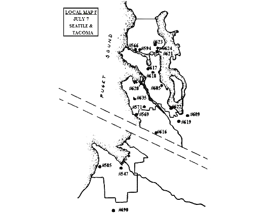 Map/insets map of distribution of 678 sighting reports from July 3-July 30, 1947