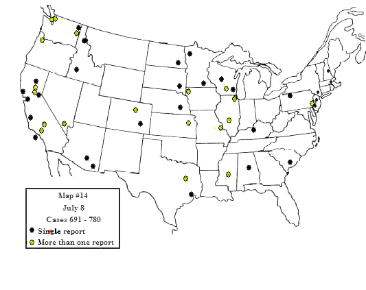 Map/insets map of distribution of 678 sighting reports from July 3-July 30, 1947
