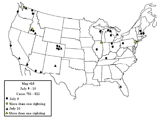 Map/insets map of distribution of 678 sighting reports from July 3-July 30, 1947