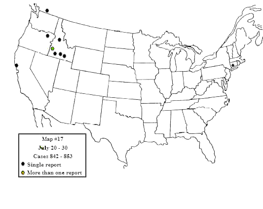 Map/insets map of distribution of 678 sighting reports from July 3-July 30, 1947