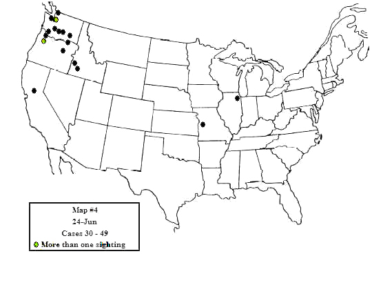 Map showing the distribution of 175 sighting reports from June 1-July 2, 1947