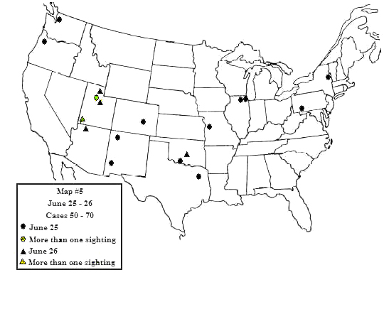 Map showing the distribution of 175 sighting reports from June 1-July 2, 1947