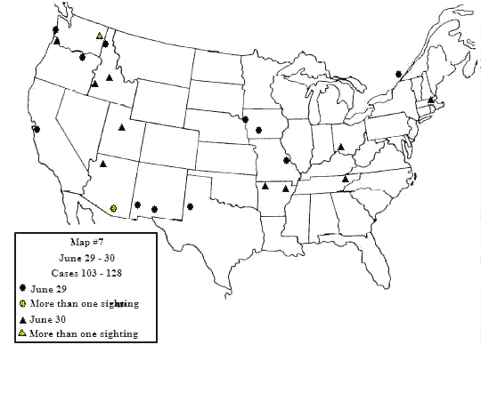 Map showing the distribution of 175 sighting reports from June 1-July 2, 1947