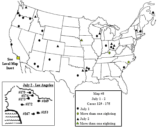 Map showing the distribution of 175 sighting reports from June 1-July 2, 1947
