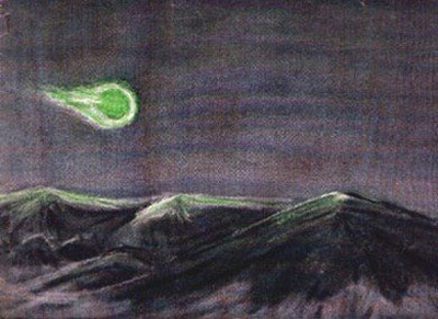 Painting by Mrs. Lincoln LaPaz of a green fireball observation with her family on 10 July 1949